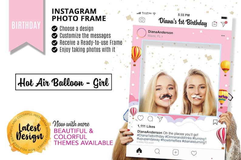 Instagram Frame Baby Shower Photo Booth Frame Hot Air Balloon Girl Gender Reveal Decoration Baby Shower Decorations Girl