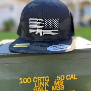 American Flag Rifle Hat, American Flag Camo Trucker Leatherette Patch Hat, Laser Engraved 2nd Amendment Hat, USA Flag Hunting Hat