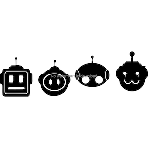 May include: Four black and white robot illustrations. The first robot has a rectangular body with two eyes and a mouth. The second robot has a round body with two eyes and a mouth. The third robot has a round body with two eyes and a mouth. The fourth robot has a round body with two eyes and a mouth.