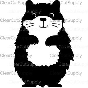 May include: Black and white silhouette of a cartoon hamster with a happy expression. The hamster is standing on its hind legs with its front paws raised.