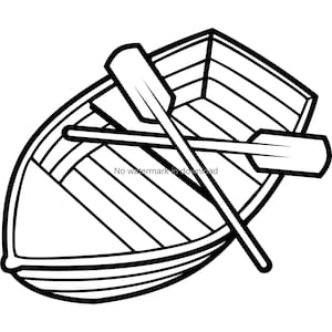 Puede incluir: Un dibujo en blanco y negro de una barca de remos de madera con dos remos. La barca está vacía y los remos están cruzados sobre la parte superior de la barca.