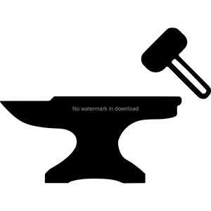 May include: Black silhouette of an anvil and a hammer, a traditional blacksmithing tool.
