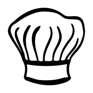 以下が含まれることがあります： シェフの帽子の白黒イラスト。帽子は高く、丸みを帯びた上部と垂直の折り目があります。帽子のベースには水平バンドがあります。画像はシンプルな線画です。