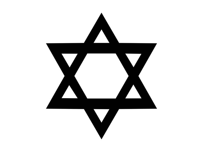 May include: A black six-pointed star, also known as the Star of David, is a symbol of Judaism.