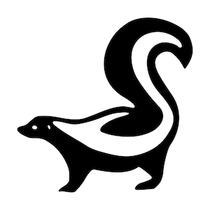 Peut inclure: Silhouette noire et blanche d'une moufette avec une longue queue touffue.