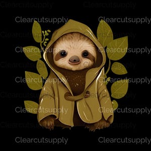 Lindo perezoso de dibujos animados con capucha marrón rodeado de hojas verdes - Descarga instantánea de imágenes prediseñadas para diseño de sublimación