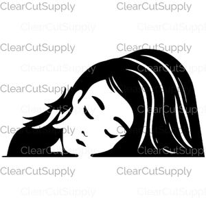 Slaperig meisje illustratie - minimalistische zwart-witte clipart voor sublimatieontwerp en Instant Download