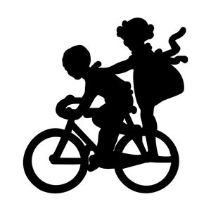 May include: A black silhouette of a child riding a bicycle with another child standing on the back.