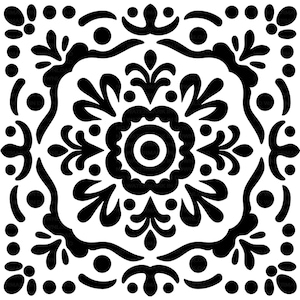 Patrón de mosaico decorativo simétrico en blanco y negro con motivos florales para sublimación y descarga instantánea de imágenes prediseñadas