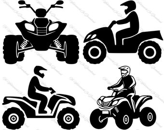 Könnte beinhalten: Vier Schwarzweißillustrationen von Personen, die Geländewagen fahren. Die Fahrzeuge haben vier Räder und sind für den Offroad-Einsatz konzipiert.