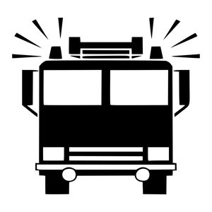 May include: Black and white silhouette of a fire truck with flashing lights on top.