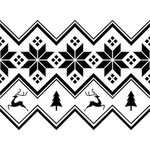 Può includere: Motivo natalizio in bianco e nero con un design ripetitivo di fiocchi di neve, renne e alberi di pino.