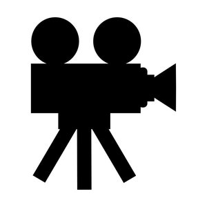 May include: A black silhouette of a vintage film camera on a tripod.