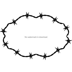 May include: Black and white illustration of a barbed wire fence in the shape of a circle.