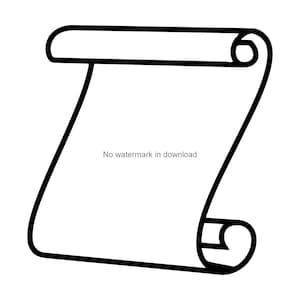 May include: A black and white line drawing of a rolled up scroll. The scroll is unfurled at the top and bottom, revealing a blank space in the middle.