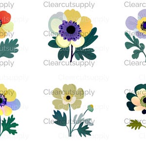 Illustrations fantaisistes d'anémones florales - ensemble de cliparts colorés pour téléchargement immédiat et sublimation
