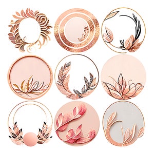 Rose Gold Circles, Commercial Use, Pink Floral Frames, Gold Glitter Page Elements, Wedding Clipart, Rose Gold Watercolor Round Backgrounds