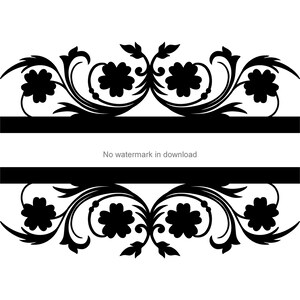Op de afbeelding: Zwart-wit bloemenontwerp met een scheidingslijn in het midden. Het ontwerp is symmetrisch en heeft gestileerde bloemen en bladeren.