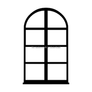 May include: Black and white illustration of an arched window with four panes.