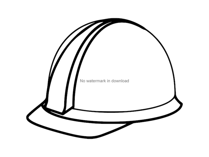 May include: A black and white line drawing of a hard hat with a brim.