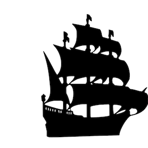 May include: A black silhouette of a large sailing ship with multiple masts and sails. The ship is facing to the right and has a large, rounded hull.
