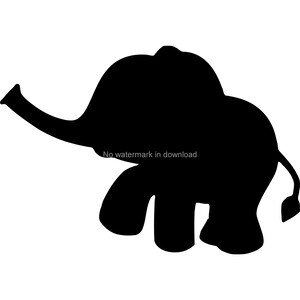 May include: Black silhouette of a cartoon elephant with a trunk raised in the air.