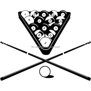 Puede incluir: Ilustración en blanco y negro de una mesa de billar con 15 bolas de billar y dos tacos cruzados sobre la mesa. Las bolas están numeradas del 1 al 15.