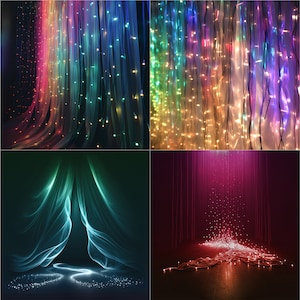 May include: Four images showing different ways to use LED curtain lights. The first image shows a rainbow colored curtain of lights. The second image shows a curtain of warm white lights. The third image shows a blue and green curtain of lights. The fourth image shows a curtain of pink lights.