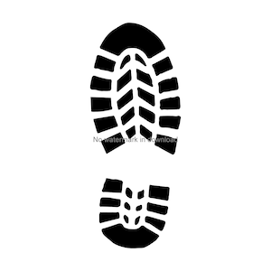 May include: Black and white silhouette of a boot print. The print is of a work boot with a thick tread pattern.