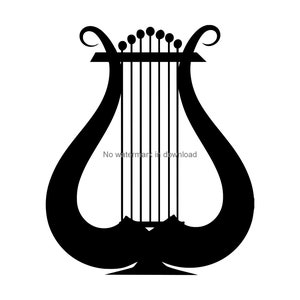 Könnte beinhalten: Eine schwarze Silhouette einer Leier, ein Saiteninstrument mit einem gebogenen Rahmen und Saiten.