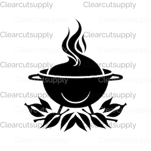 May include: Black silhouette of a grill with flames coming out of the top and leaves underneath.