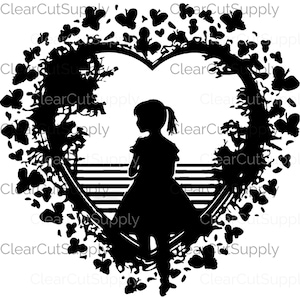 Junges Mädchen Silhouette in Herz Rahmen Clipart - wunderliches und romantisches Design zum sofortigen Download und für Sublimationsprojekte