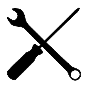 Op de afbeelding: Een zwarte moersleutel en schroevendraaier gekruist.