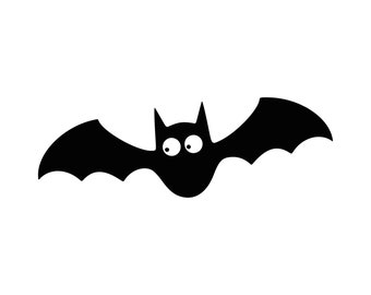 Puede incluir: Una silueta negra de un murciélago con grandes ojos blancos. El murciélago está volando con las alas extendidas.