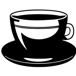 Pode incluir: Uma ilustração em preto e branco de uma xícara de café e um pires. A xícara está cheia de café e tem uma alça. O pires é redondo e tem uma borda.