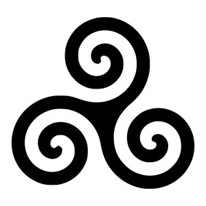 May include: A black and white stylised image of a triskelion, a symbol of three interlocked spirals.