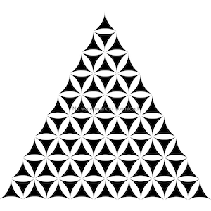 May include: Black and white geometric pattern in the shape of a triangle. The pattern is made up of overlapping circles and triangles.