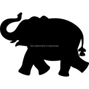 May include: A black silhouette of an elephant walking, with its trunk curled. The image is a simple graphic design, suitable for various applications.