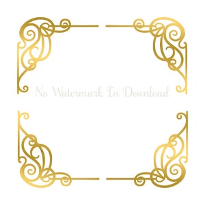 May include: A gold decorative frame with ornate, swirling designs. The frame is made up of four separate corner pieces that can be used to create a square or rectangular frame.