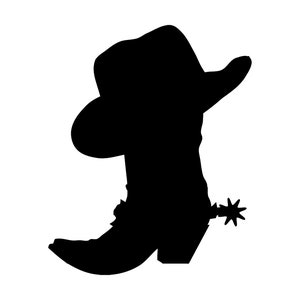 May include: A black silhouette of a cowboy hat and boot. The hat is wide-brimmed, and the boot features a spur on the heel. This image represents a Western or country theme.