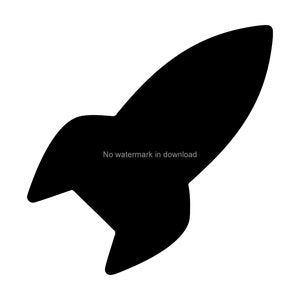 May include: Black silhouette of a rocket ship, pointing upwards.