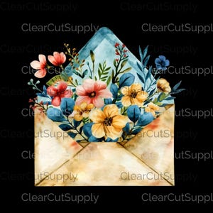 鮮やかな花柄の封筒の水彩画クリップアートコレクションをすぐにダウンロードできます。グリーティングカードや昇華デザインに最適です。