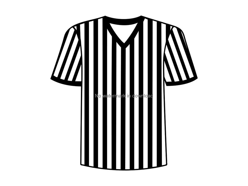 May include: Black and white striped referee shirt with a v-neck collar.