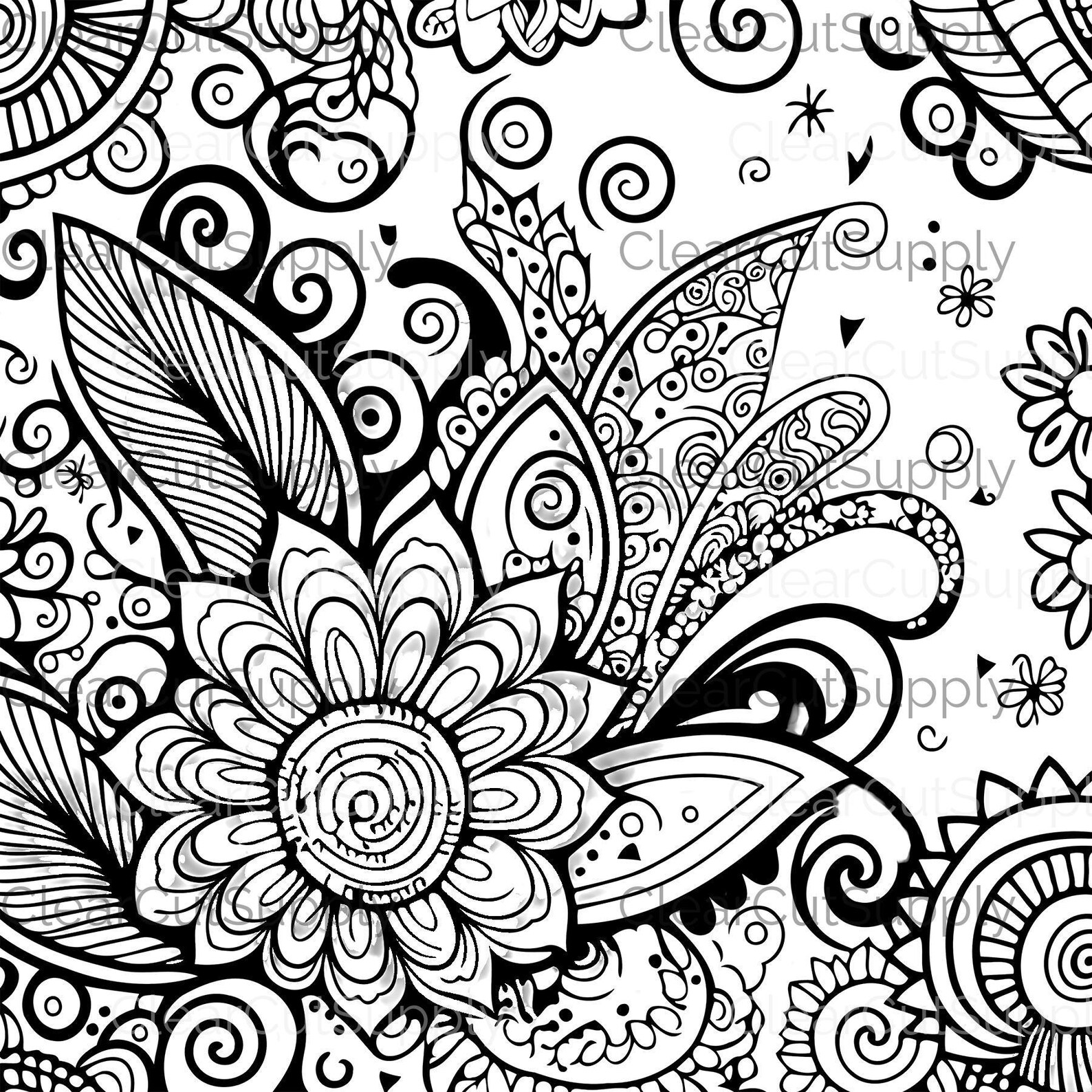 Floral Line Art Clipart: Intricate Black and White Pattern (digital ...