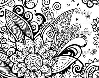 Floral Line Art Clipart: Intricate Black and White Pattern (Digital Download)
