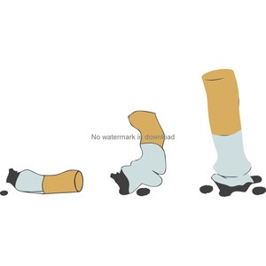 Puede incluir: Tres colillas de cigarrillo, una todavía está encendida y de pie, las otras dos están acostadas. Las colillas están sobre un fondo blanco.