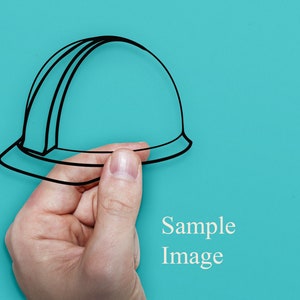 May include: A hand holding a black outline of a hard hat against a turquoise background. The text "Sample Image" is below the hand.