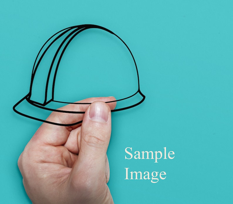 May include: A hand holding a black outline of a hard hat against a turquoise background. The text "Sample Image" is below the hand.