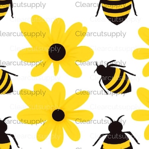 Motif ludique sans couture de fleurs jaunes et d'abeilles - Téléchargement immédiat pour sublimation - Motif nature fantaisiste