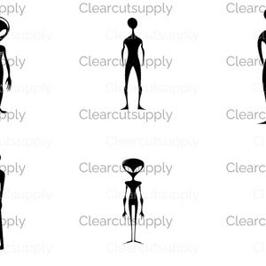 Collection of Stylized Alien Figures in Silhouette Style for Instant Download Clipart and Sublimation Design